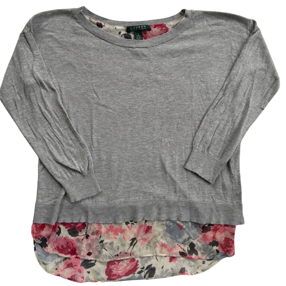 Lauren Ralph Lauren Sweater Women S Gray Floral Chiffon Hem Mixed Media Top